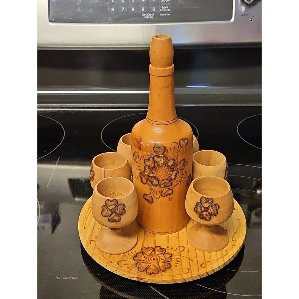 Vintage Burnt Wooden Pyrography Folk Art Decanter w\ Small Platter and 6 Goblets